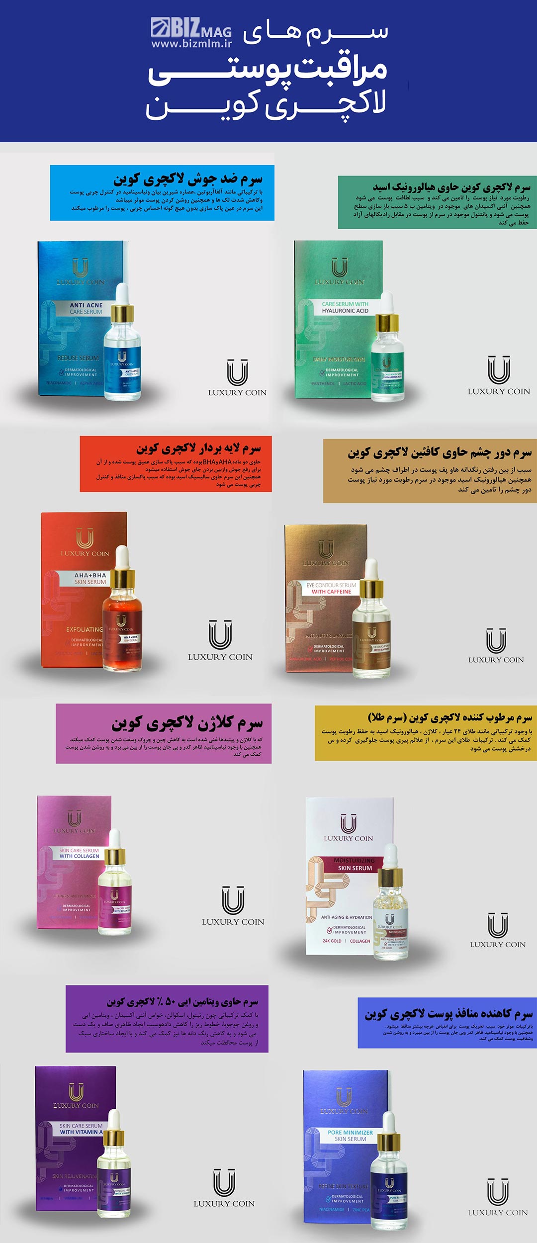 کاتالوگ توضیحات انواع سرم های اورجینال تخصصی پوست برند لاکچری کوین+ قیمت و خرید